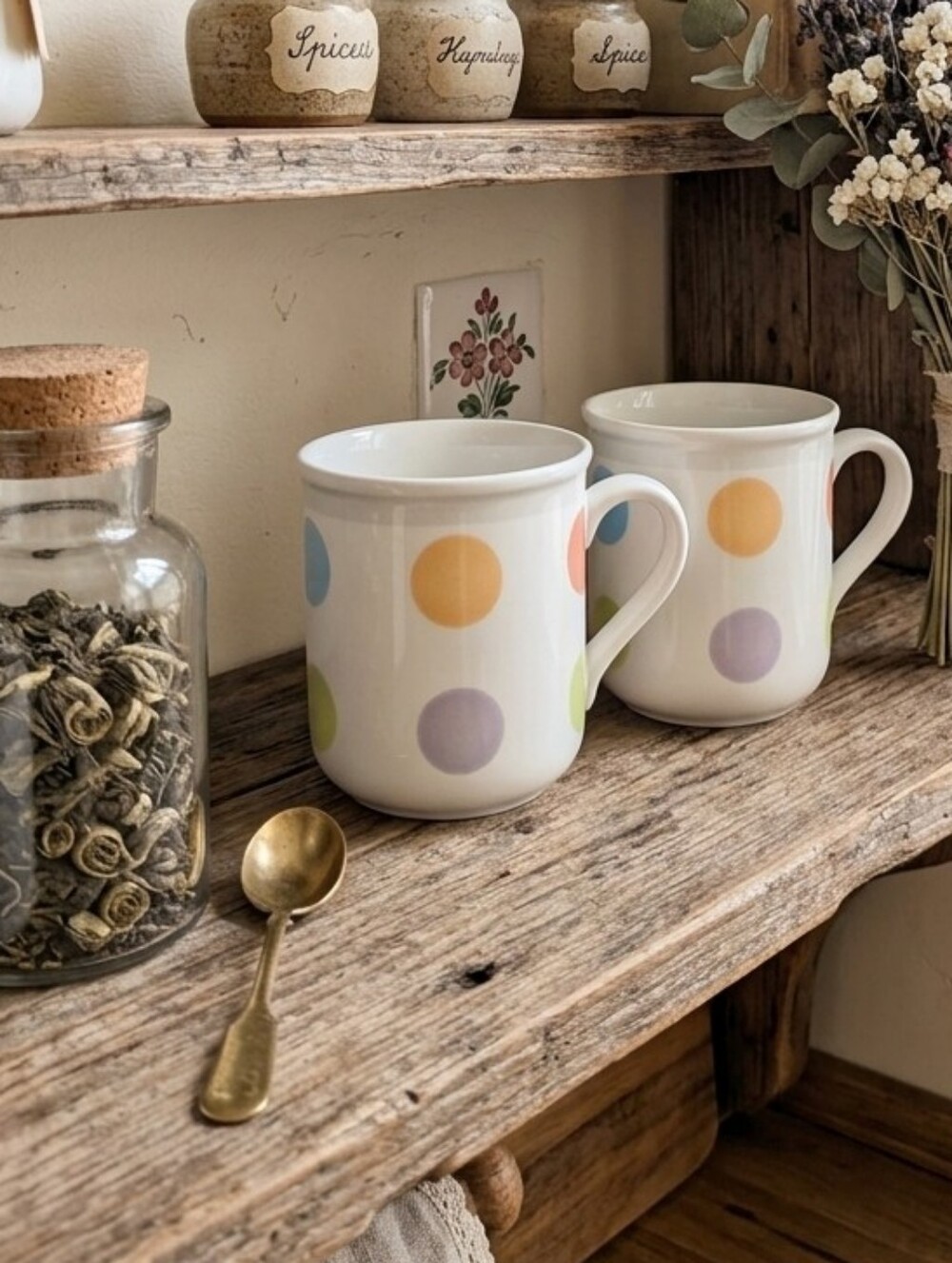 VTG Villeroy & Boch Bonjour Polka Dot Ceramic Mugs - Set of 2